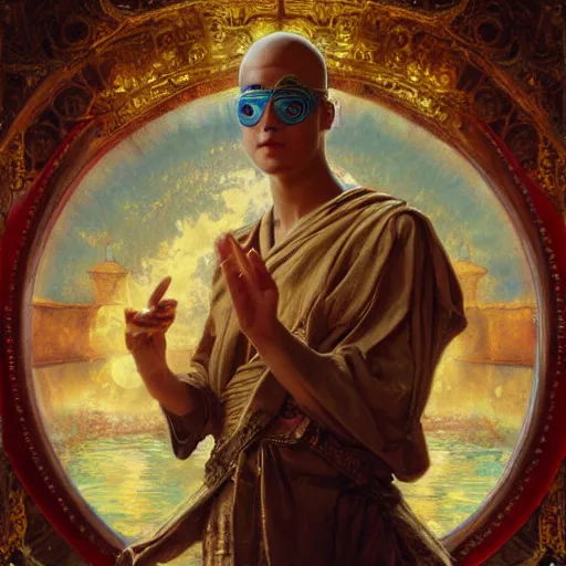 Prompt: buddhist monk blindfolded with high - teh vr steampunk headset armour baroque style, painting by gaston bussiere, craig mullins, j. c. leyendecker, lights, art by ernst haeckel, john william godward, hammershøi,