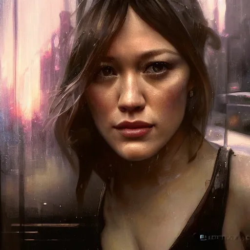 Image similar to hilary duff, hyperrealistic portrait, bladerunner street, art of elysium by jeremy mann and alphonse mucha, fantasy art, photo realistic, dynamic lighting, artstation, poster, volumetric lighting, very detailed face, 4 k, award winning