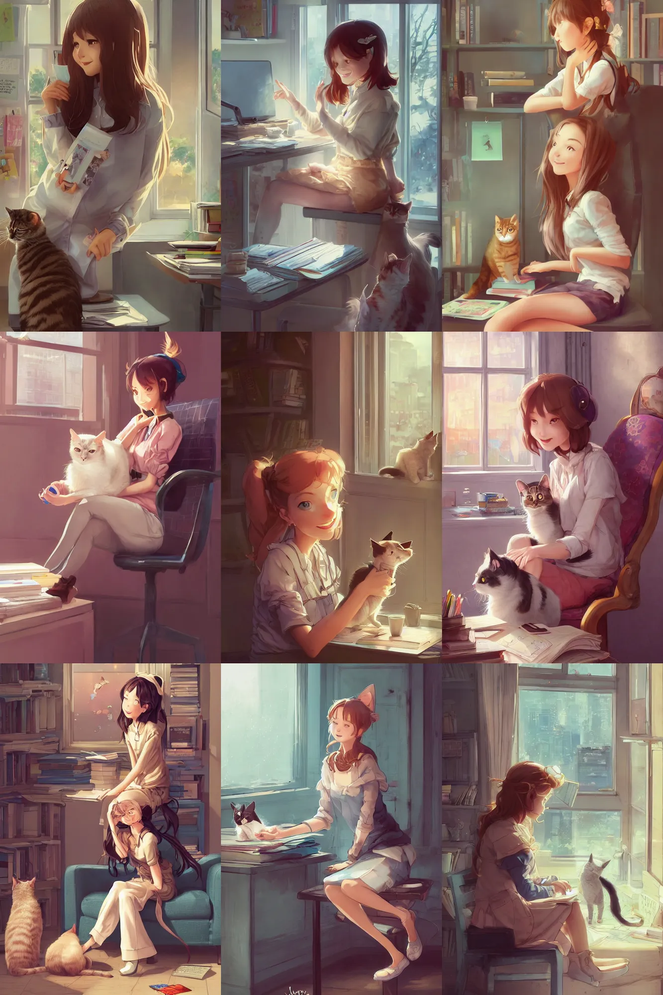 Prompt: a beautiful lofi girl sitting in her office petting a cat in her lap | | cute - fine - subtle smile, face, pretty face, fine details by stanley artgerm lau, wlop, rossdraws, james jean, andrei riabovitchev, marc simonetti, and sakimichan, trending on artstation