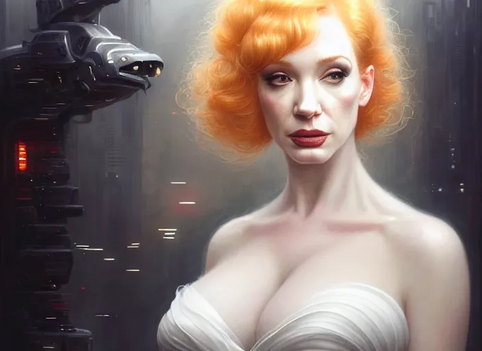 Image similar to portrait shot of christina hendricks in bladerunner wearing a white dress, intricate, elegant, highly detailed, centered, digital painting, artstation, concept art, smooth, sharp focus, illustration, artgerm, tomasz alen kopera, peter mohrbacher, donato giancola, joseph christian leyendecker, wlop, boris vallejo