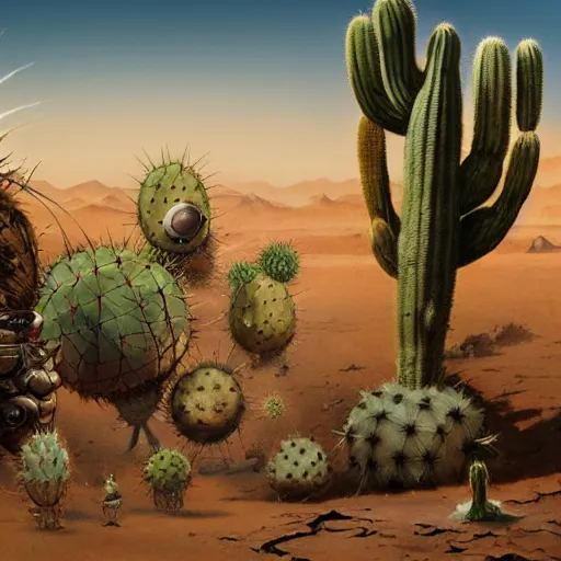 Prompt: ball creature covered with eyes, in the desert next to a cactus, d & d, fantasy, greg rutkowski, frank frazetta, alexandre chaudret, boris vallejo, michael whelan, miro petrov, hr giger, magali villeneuve, donato giancola