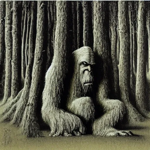 Prompt: bigfoot praying at a forest alter Zdzisław Beksiński