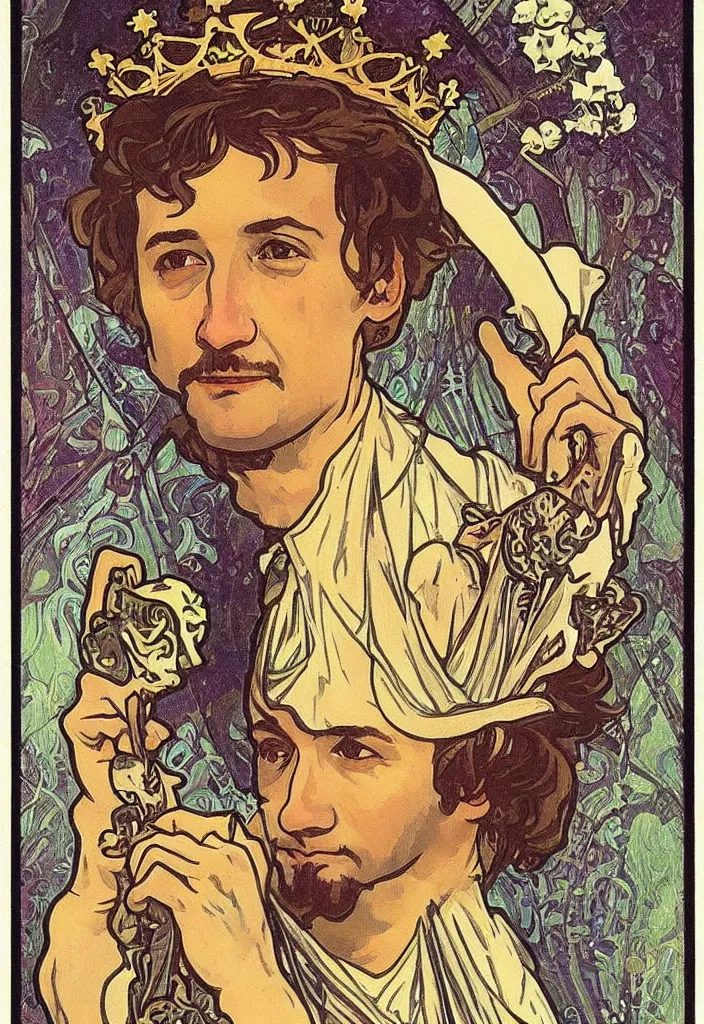 Image similar to geoffrey hinton in a crown on a tarot card, tarot in art style by alphonse mucha