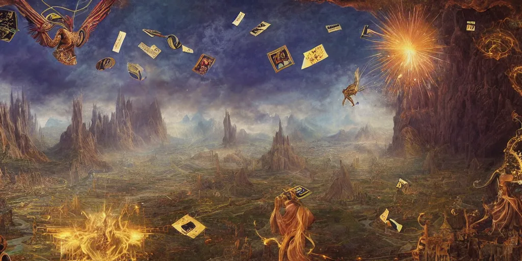 Image similar to a beautiful and highly detailed matte painting of magical tarot cards floating in the midst of magical explosions, intricate details, epic scale, insanely complex, 8 k, sharp focus, hyperrealism, very realistic, by caspar friedrich, albert bierstadt, james gurney, brian froud,