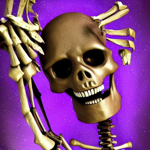 Prompt: a detailed portrait of a fancy skeleton with expressive features and metallic teeth, metal teeth, longshot, full portrait, skeleton in a suit, purple glowing eyes, fantasy art