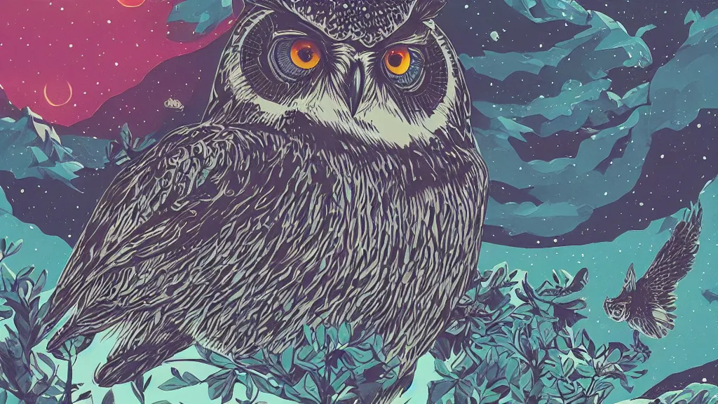 Image similar to very detailed, ilya kuvshinov, mcbess, rutkowski, watercolor papercraft illustration of owl flying at night, colorful, deep shadows, astrophotography, highly detailed, wide shot