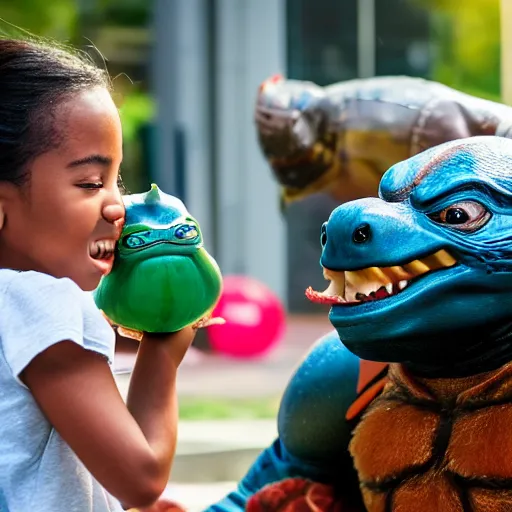 Prompt: color shot of a girl and boy playing with their pet live action teenaged mutant ninja turtles, photorealistic,8k, XF IQ4, 150MP, 50mm, F1.4, ISO 200, 1/160s, natural light