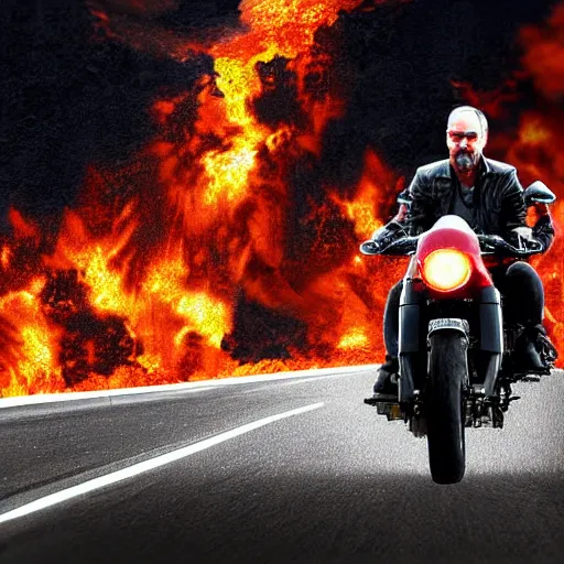 Image similar to Keanu reeves Riding a motorcycle Through Fire digital art 4K detail