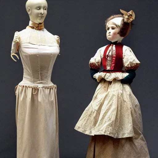 Image similar to portrait of a life size victorian female automaton standing with a child, 8 k, soft lighting, highly detailed realistic, face in focus 1 8 9 0's