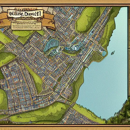 Image similar to overhead dnd map of a small suburban coastal town by mike schley,