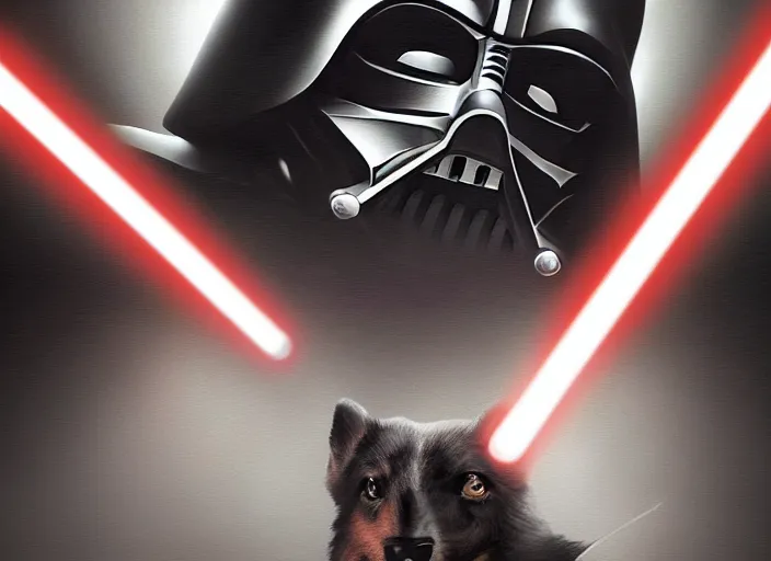 Prompt: a Photorealistic dramatic hyperrealistic render of darth vader with lightsaber drawn facing off against a calm cute corgi, futuristic star wars vibe, by WLOP and Artgerm and Greg Rutkowski and Alphonse Mucha, Beautiful dynamic dramatic dark moody lighting, shadows, cinematic atmosphere, Artstation, concept design art, Octane render, 8K, masterpiece, sharp focus