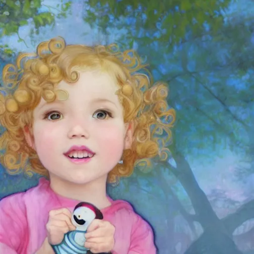 Image similar to a beautiful [[[[[smiling]]]]] little blonde toddler girl with short loosely curly hair, at the park on a beautiful day, holding a round all-pink stuffed penguin, by Artgerm, Mucha Klimt, Hiroshi Yoshida and Craig Mullins, featured on Artstation, CGSociety, Behance HD, Deviantart