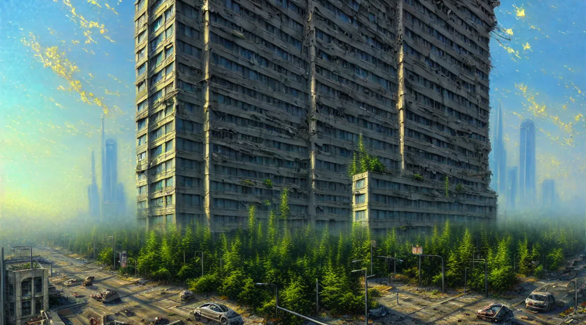 Prompt: post apocalyptic skyscraper, building, avenue, urban architecture, americana architecture, concrete architecture, paved roads, by thomas kinkade trending on artstation, photorealistic, wild vegetation, hyper detailed, hyper realistic