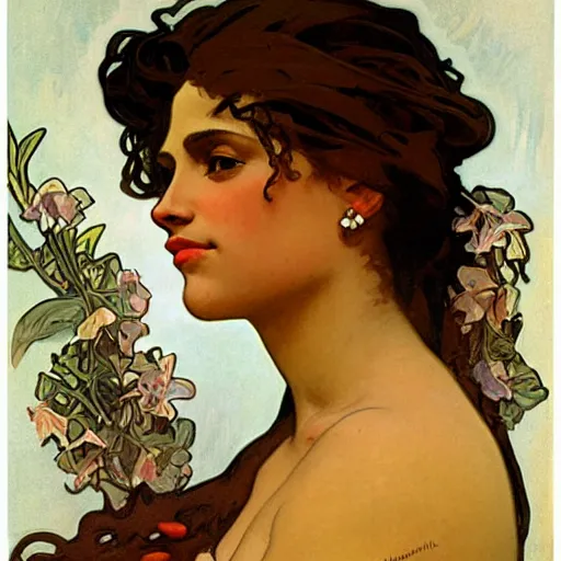 Image similar to beautiful brown skin girl with pouty lips by alphonse mucha and greg manchess