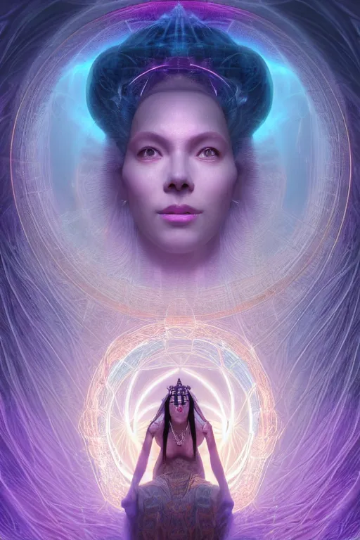 Image similar to a centered render of a wise and mystical goddess shaman summons the souls of ancestors past and is surrounded by ethereal lights and fractal geometry, cinematic, beautifully lit, perfect face, by artgerm, by beeple, by karol bak, by donato giancola, 3 d, trending on artstation, octane render, 8 k