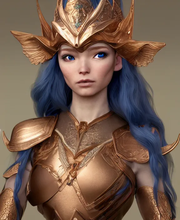 Image similar to a regal elf with long blue windswept hair in a rose gold breastplate, 3 d render by mandy jurgens, artgerm, and lu ji, centered, artsation contest winner, cgsociety, fantasy art, cryengine, concept art, photorealism, daz 3 d, sketchfab, zbrush, vray