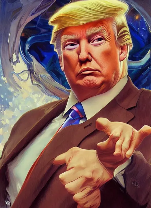 Prompt: donald trump painted by artgerm and greg rutkowski and alphonse mucha. clear highly detailed face, beautiful sci fi art