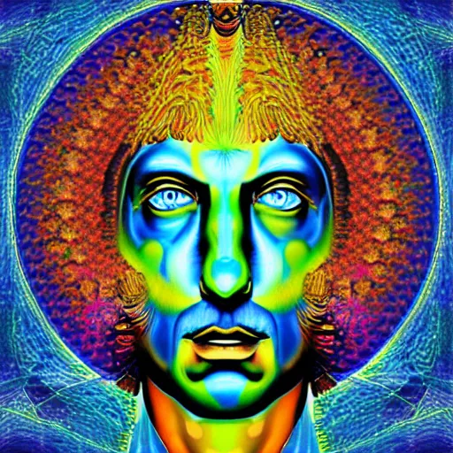 Prompt: weird al as god, infinite fractal, psychedelic, colorful, painting