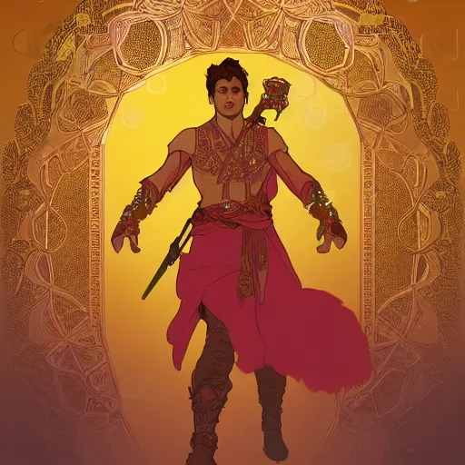 Image similar to an ultra detailed vector image of mario dressed as the prince of persia, concept art by alphonse mucha and greg rutkowski, bright red desert sands, bright yellow and red sun, octane render, liminal space