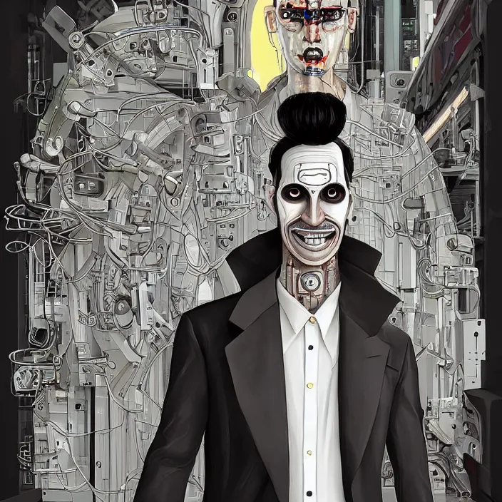 Prompt: A portrait of one! latino mad scientist male with cyborg face looking at the camera with a queasy smile!!, wearing a black suit under a white laboratory coat, in a mixed style of Botticelli and Æon Flux!!, inspired by Simon Stålenhag paintings, and cyberpunk!!!, stunningly detailed, stunning inking lines, flat colors, 4K photorealistic