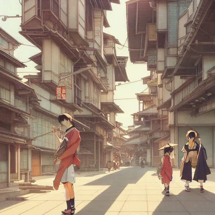 Image similar to empty japanese city, summer, in the style of studio ghibli, j. c. leyendecker, greg rutkowski, artem