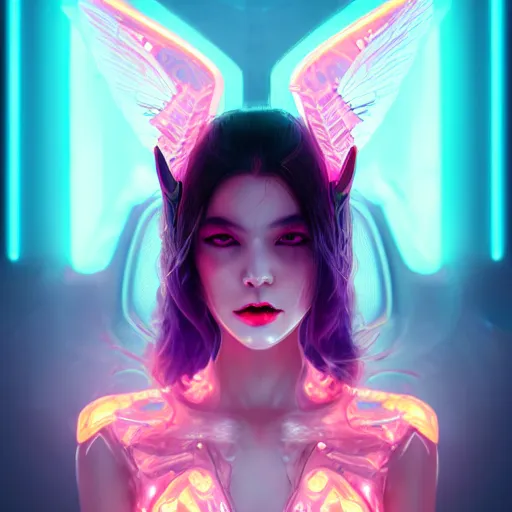 Image similar to portrait futuristic Devil Girl with horns and wings, in future cyberpunk tokyo rooftop , ssci-fi, fantasy, intricate, very very beautiful, elegant, human anatomy, neon light, highly detailed, digital painting, artstation, concept art, smooth, sharp focus, illustration, art by tian zi and WLOP and alphonse mucha