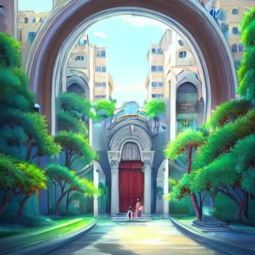 Image similar to a beautiful movie still in the style of studio ghibli anime with a landscape of the khedival opera house in talaat harb square cairo with lush landscaping, date palm trees, shrubs and flowers. trending on artstation