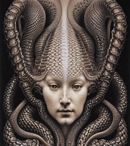 Image similar to detailed realistic beautiful serpent goddess face portrait by jean delville, gustave dore, iris van herpen and marco mazzoni, art forms of nature by ernst haeckel, art nouveau, symbolist, visionary, gothic, neo - gothic, pre - raphaelite, fractal lace, intricate alien botanicals, ai biodiversity, surreality, hyperdetailed ultrasharp octane render