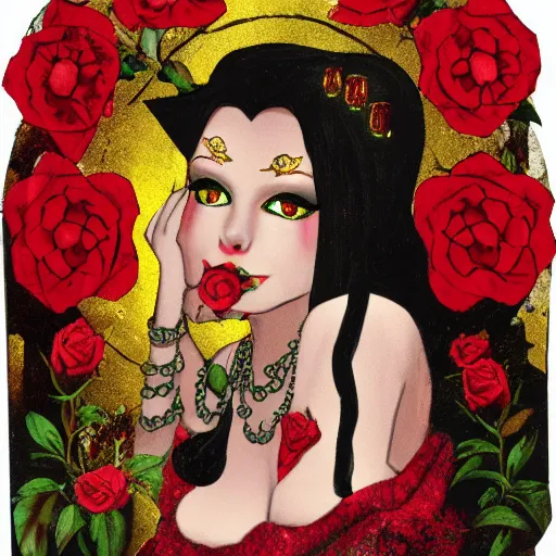 Image similar to vampire queen on treasure throne with roses and holes and gemstones