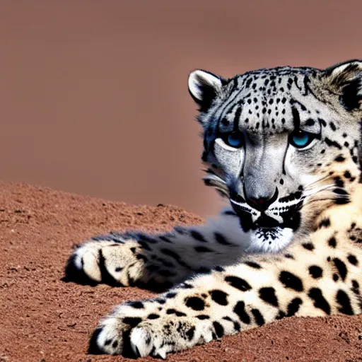 Prompt: a snow leopard in the desert