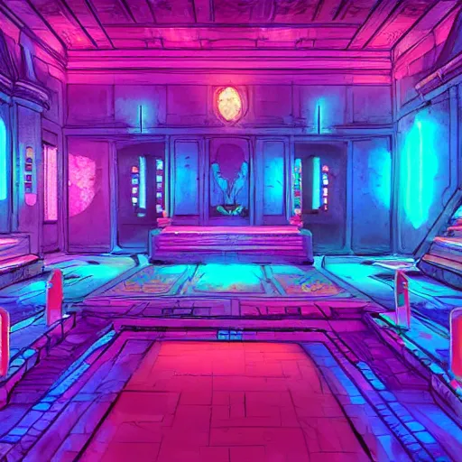 Image similar to a ancient egypt palace covered with blue and pink neons, retrowave art, trending on art station