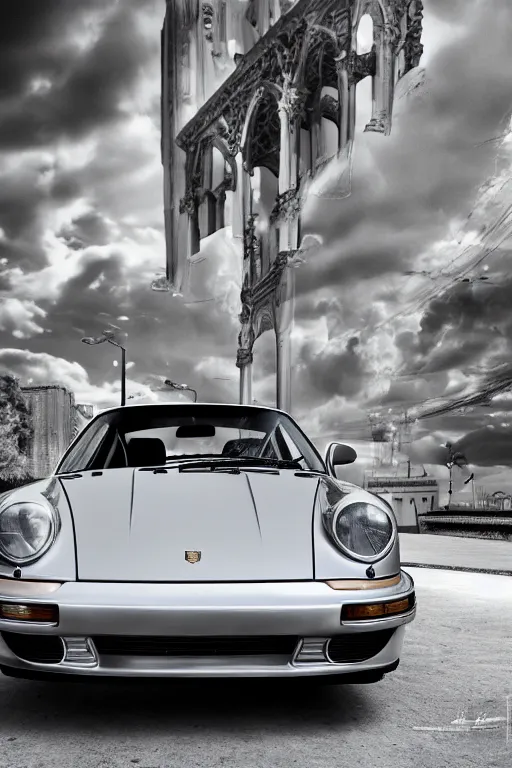 Prompt: Photo of a silver Porsche 911 Carrera 3.2, daylight, dramatic lighting, award winning, highly detailed, wide shot, 1980s Versace ad, Fashion photography, fine art print.