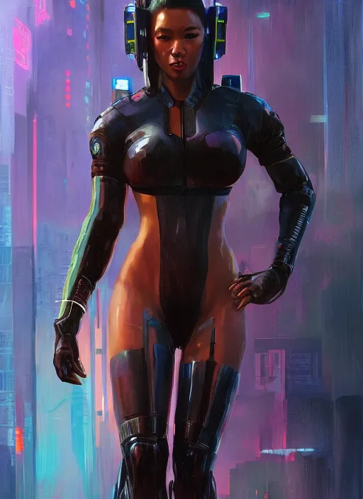 Image similar to black chun li. cyberpunk cop in tactical gear. plastic raincoat. blade runner 2 0 4 9 concept painting. epic painting by james gurney, azamat khairov, and alphonso mucha. artstationhq. painting with vivid color. ( rb 6 s, cyberpunk 2 0 7 7 )