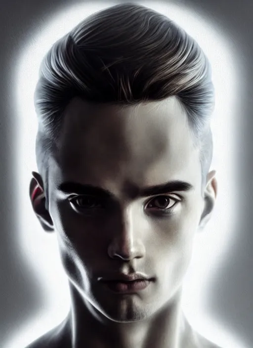 Prompt: a highly detailed long shot photo of masculin male face portrait, futurism, rococo cyber neon lighting, detailed futuristic fibonacci jewelry, profile posing, hyper photorealistic, crispy quality, digital photography, trending in pinterest, cinematic, 4 k ultra hd, art by pascal blanche, art by greg rutkowski, art by artgerm,
