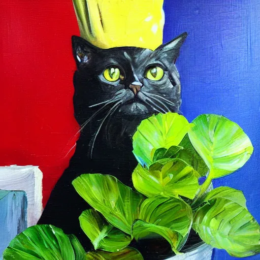 Prompt: palette knife oil painting of a cat wearing a chefs hat sitting on a monstera plant