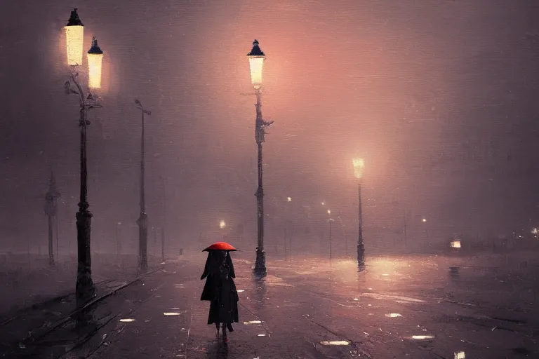 Image similar to lonely road of moscow at night with a single lamp post, 4 k, walking woman with umbrella, artstation, detailed, by greg rutkowski,