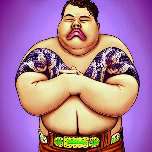 Image similar to hyperreal morbidly obese 2000kilo snake oil salesman wearing authentic purple green sip tech cowboy augmentation and curly snake moustache, fat man standing in front of blank background