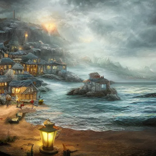Image similar to a seaside village, detailed, fantasy style, stormy day, trending on artstation