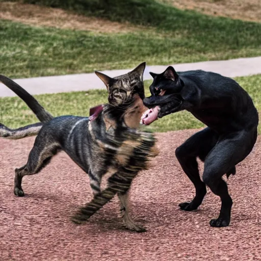 Prompt: dog-man fights cat-woman 8k photograph