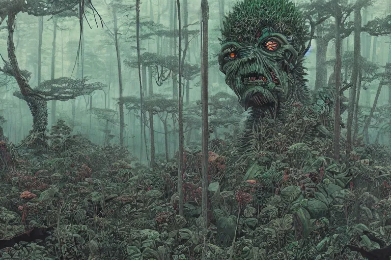 Prompt: lots of glass details, a lot of exotic vegetation, trees, flowers, dull colors, gigantic angry tremendous akira tetsuo monster, extreme close - up staying in the foggy huge dark night forest covered with web and cotton and a lot of glow - worms, by moebius, hyperrealism, intricate detailed, risograph