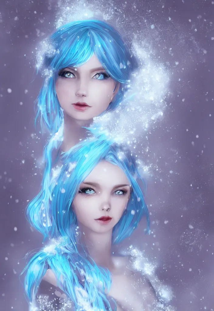 Image similar to a stunningly pretty woman with pale blue hair wearing a dress made out of snowflake in the middle of a snowstorm. award - winning digital art, trending on artstation