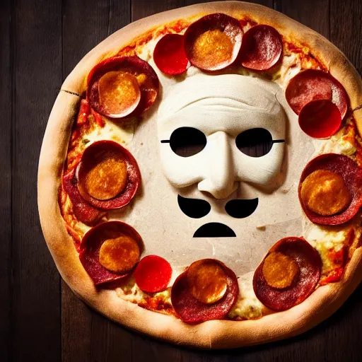 Image similar to an elderly man wearing a mask made from a pizza, bold natural colors, national geographic photography, masterpiece, 8 k, raw, unedited, symmetrical balance