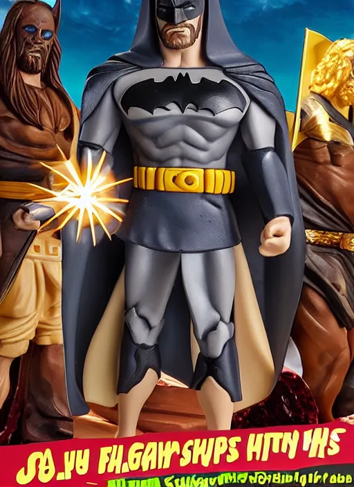 Prompt: Jesus vs the Batman in the flying sandals of salvation action figures toy pack