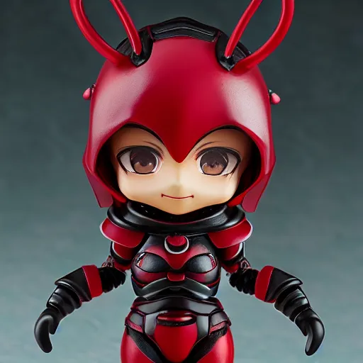 Prompt: closeup photograph of cute bee nendoroid with themed crimson - black armor, portrait, hyperdetailed, artstation, cgsociety, 8 k, by tangerine dream