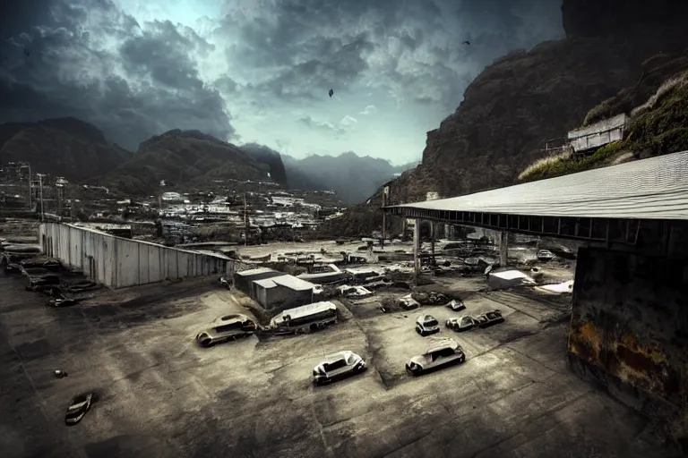 Prompt: favela parking garage hangar, arid environment, industrial factory, cliffs, gloomy, milky way, award winning art, epic dreamlike fantasy landscape, ultra realistic,