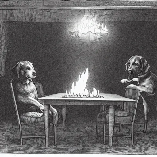 Prompt: a photograph of a big fire on a dining room on fire, only remains a wooden table and a chair (no fire at all there), an human-like relaxed dog sitting at this table, ☕ on the table, surrounded by flames, a lot of flames behind the dog, black smoke instead of the ceiling, no watermark