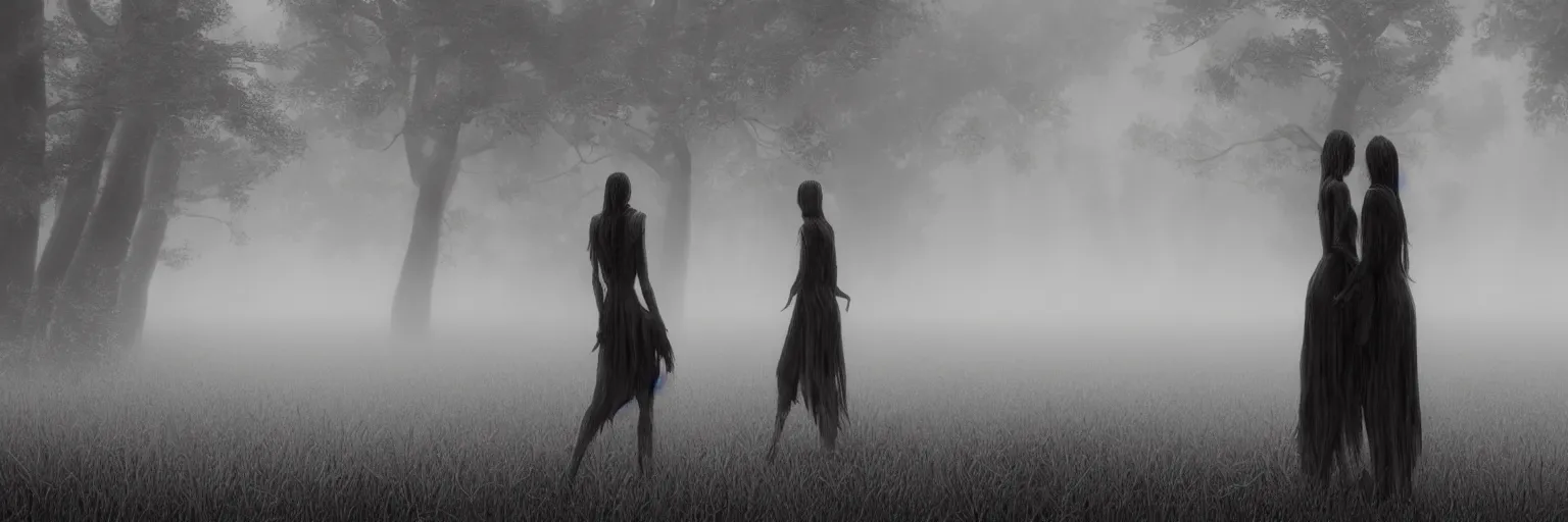 Image similar to epic fantasy render of a two beautiful skinny women in fog, long dark hairs, detailed anatomy, woods, black and white, highly detailed, cinematic, hyperrealism, dynamic lighting, octane render