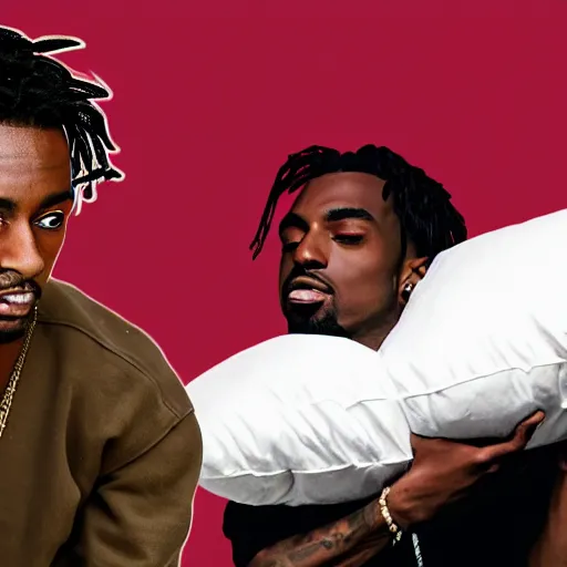 Prompt: playboi carti having a pillow fight with kanye west