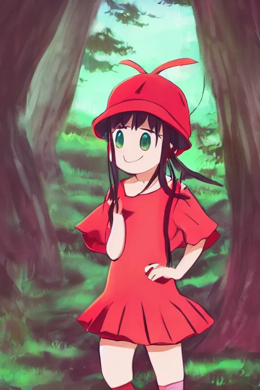 Prompt: concept art of a little girl in the red hat,forest, happy in anime style