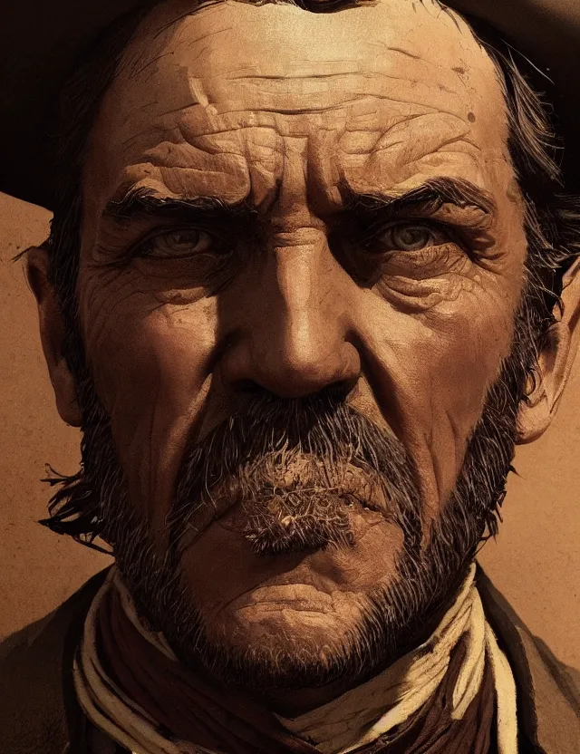 Prompt: close face portrait of an old male bar keeper as red dead redemption 2 concept art, art by ryo shiotani and greg rutkowski, intricate, beautiful, cute, cinematic lighting, vintage art by serge ivanoff, high resolution, very detailed